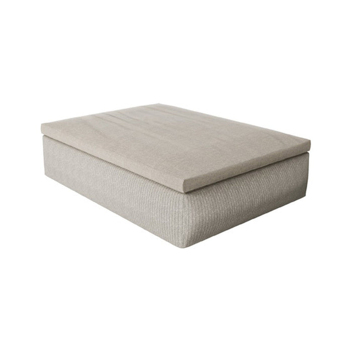 Beige upholstered ottoman with a textured surface and smooth top, perfect for any modern decor.