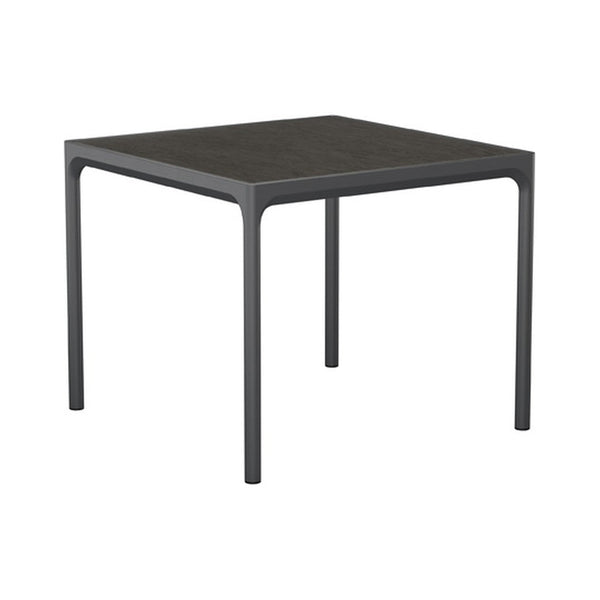 Square black table with a sleek finish and minimalist design, featuring clean lines and a solid color. Perfect for modern decor.