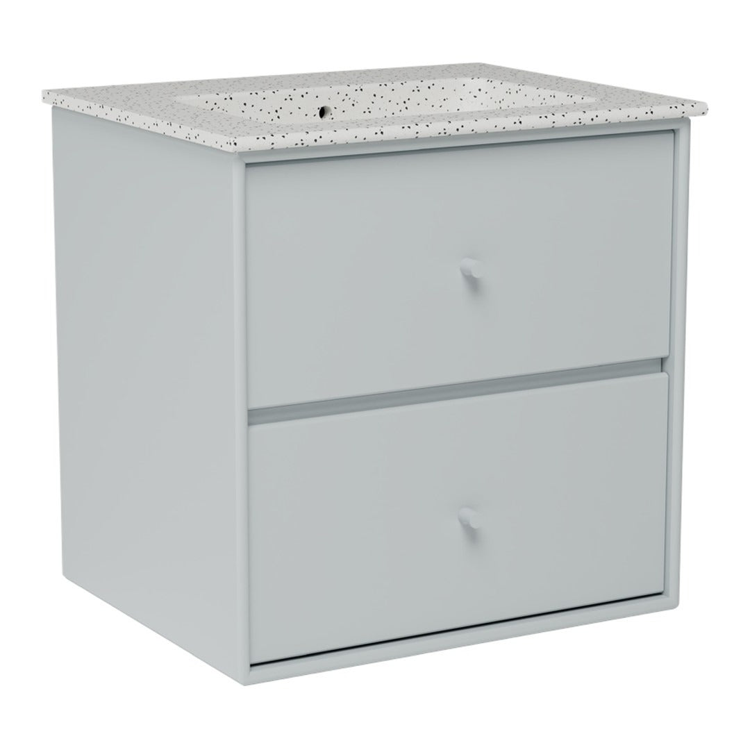 Gray two-drawer cabinet with a speckled white countertop, minimalistic design, and smooth surfaces.