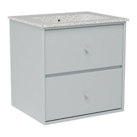 Gray two-drawer cabinet with a speckled white countertop, minimalistic design, and smooth surfaces.