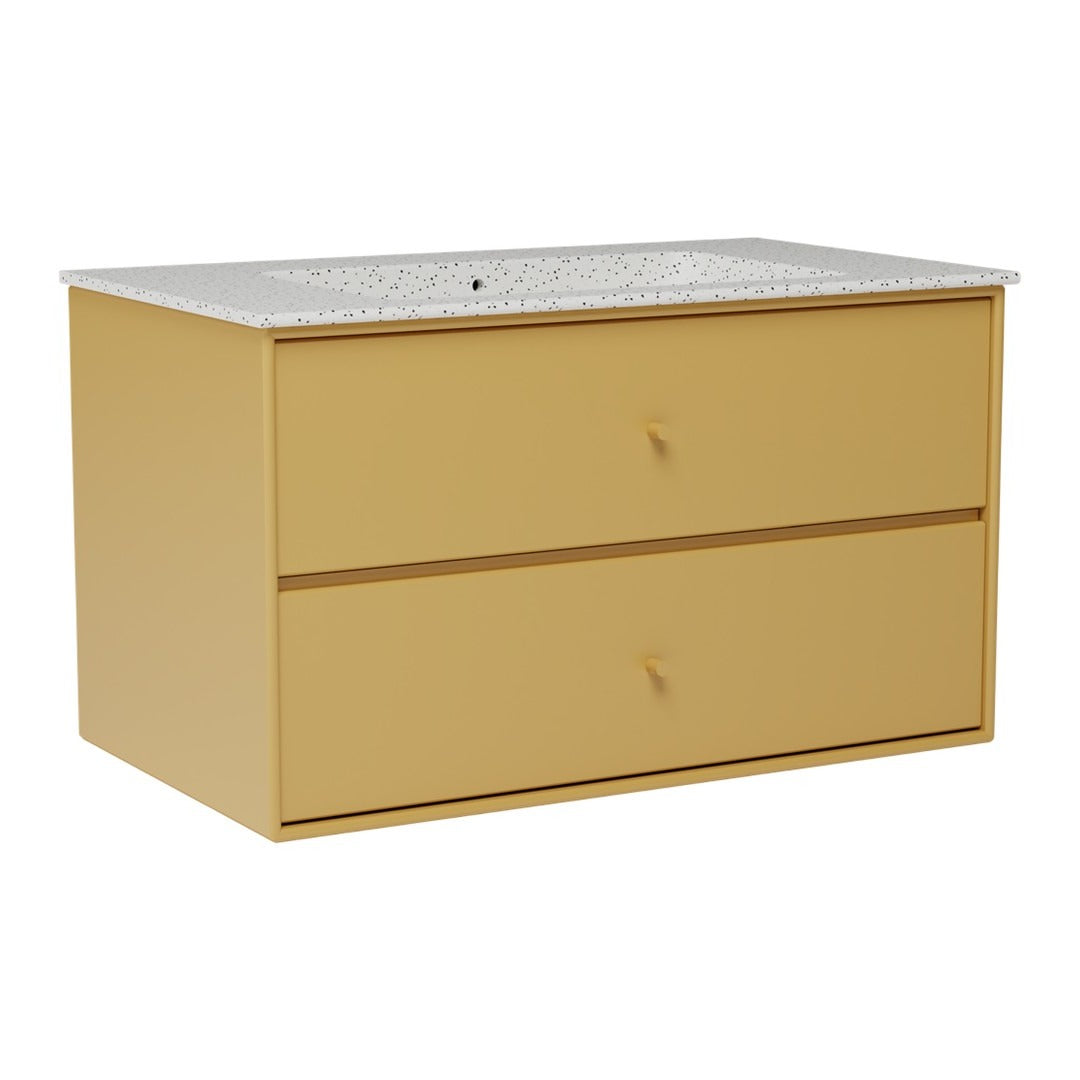 Yellow dresser with a speckled white countertop and two spacious drawers for stylish storage.