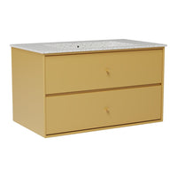 Yellow dresser with a speckled white countertop and two spacious drawers for stylish storage.