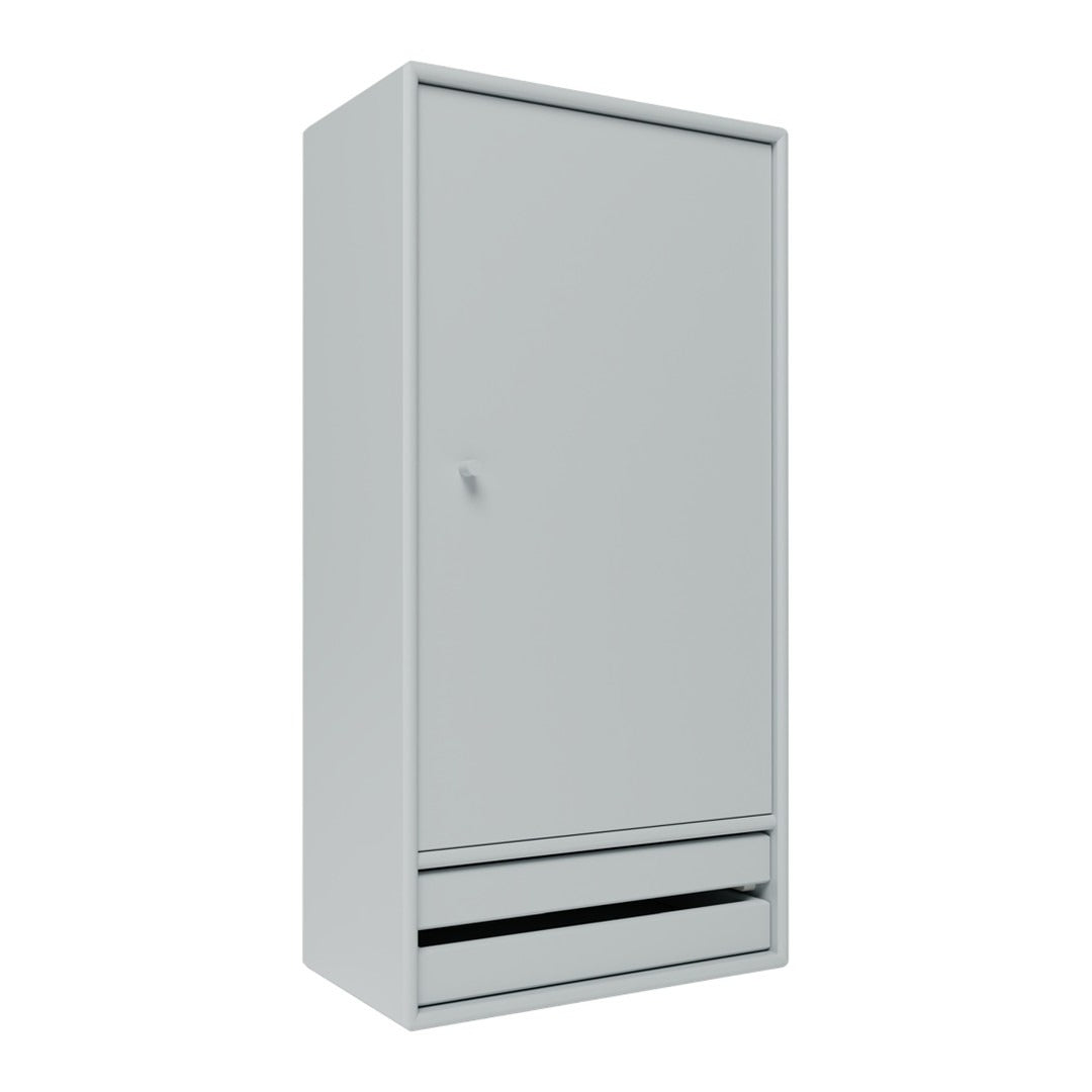 Sleek gray wardrobe with smooth finish and minimalist design, featuring a single door and a bottom drawer.