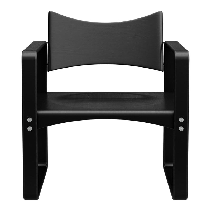Black minimalist chair with a sleek, matte finish and a simple geometric design.