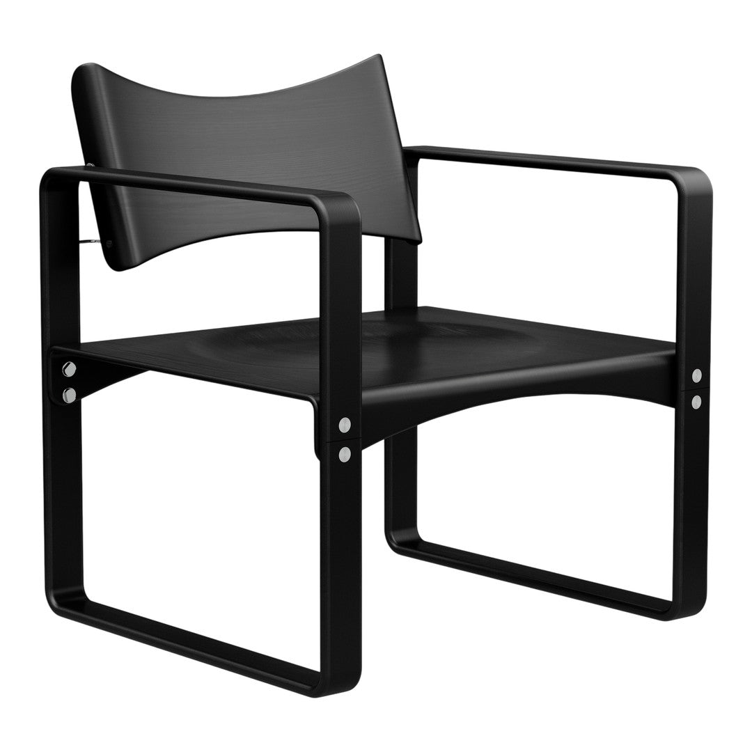 Sleek black armchair with a minimalist design featuring smooth, curved lines and a contemporary metal frame.