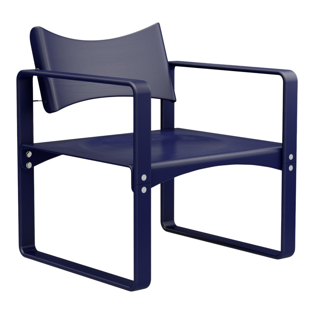 Navy blue modern chair with a sleek design and minimalist frame, featuring clean lines and a robust finish.