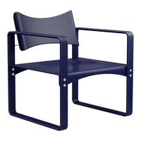 Navy blue modern chair with a sleek design and minimalist frame, featuring clean lines and a robust finish.