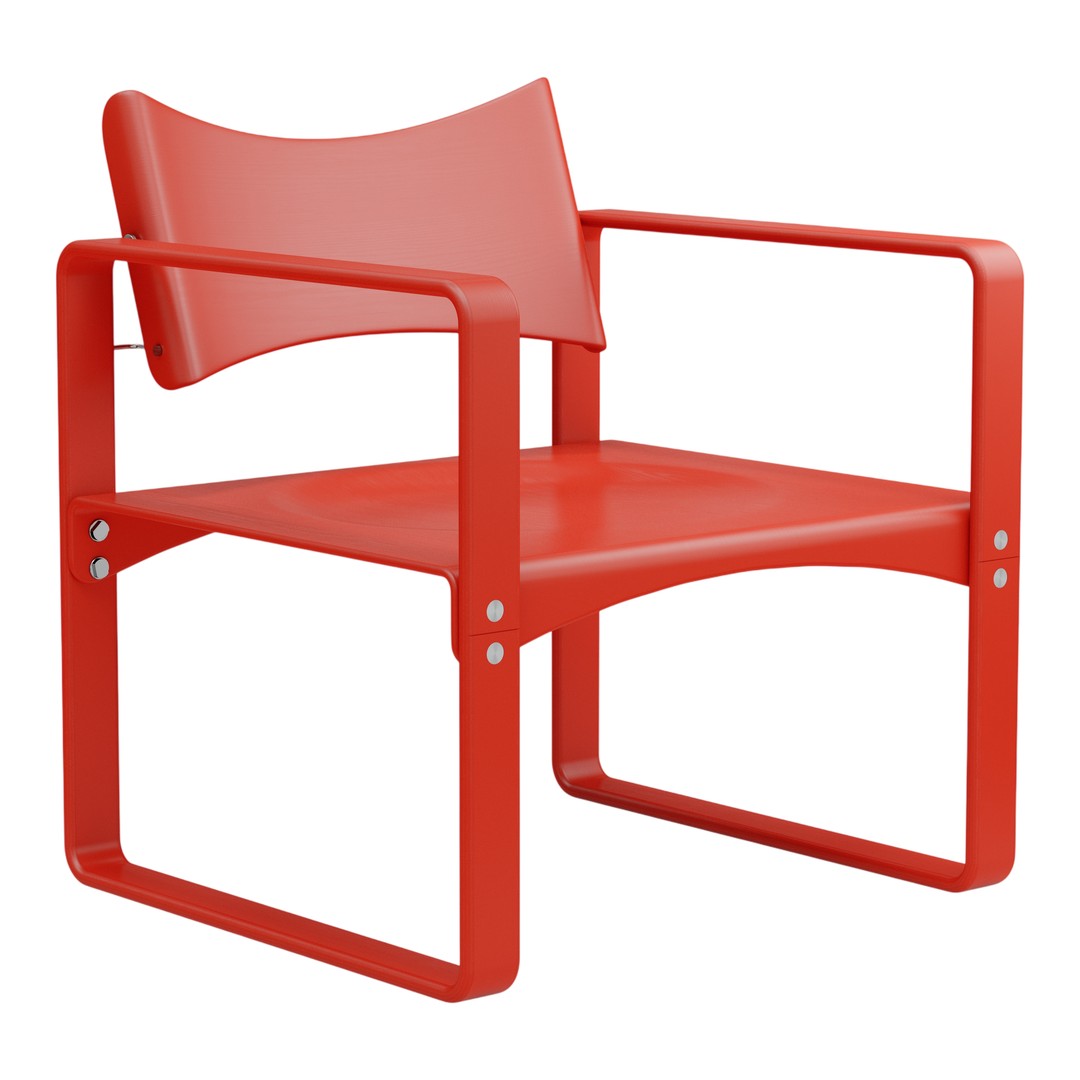 Bright red modern chair with a sleek, minimalist design and smooth, curved backrest. Ideal for contemporary spaces.