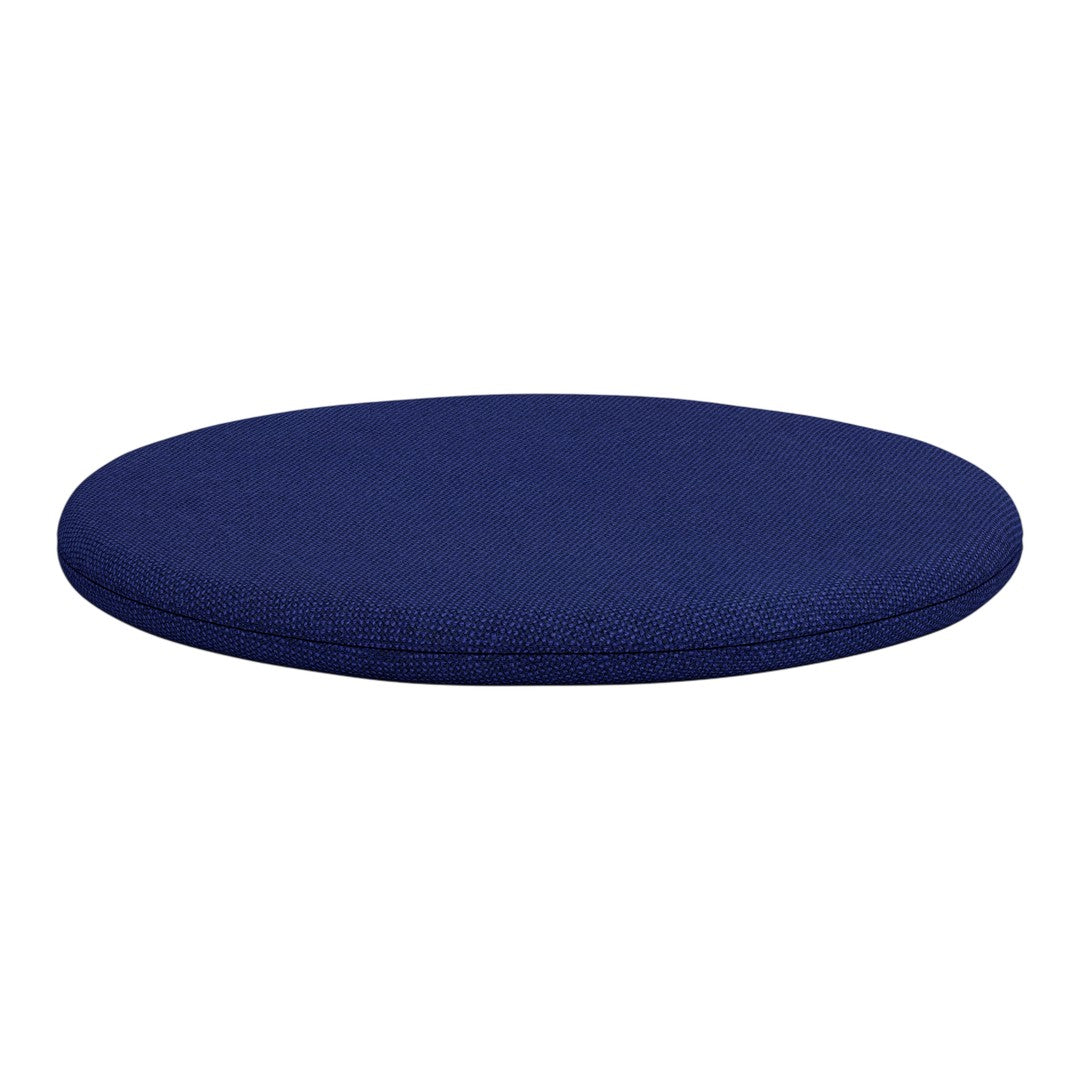 Navy blue round cushion with a smooth texture, perfect for adding a pop of color to any seating area.