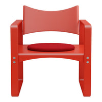 Bright red chair with a matching round cushion, featuring a sleek, modern design and simple lines.