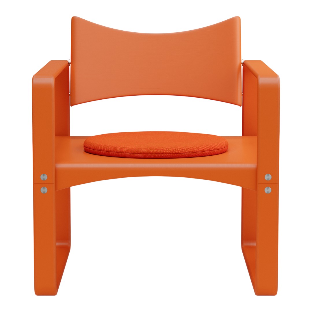 Bright orange chair with a simple, modern design and a matching cushion for comfort. Ideal for vibrant decor.