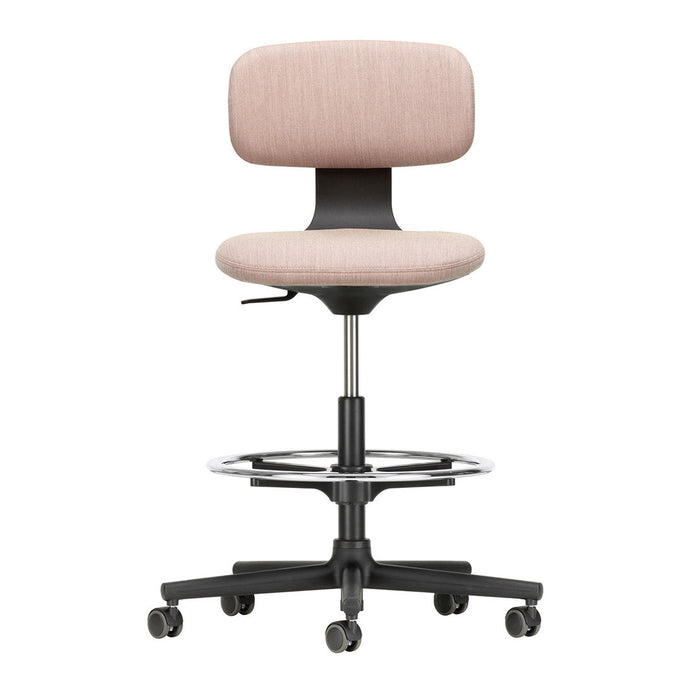 Pink fabric office chair with a minimalist design and black base, featuring a smooth, modern silhouette.