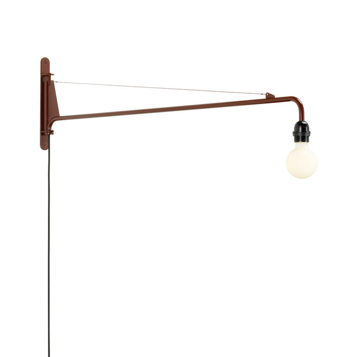 Brown metal wall lamp with a minimalist design and a white globe bulb, featuring simple lines and a clean aesthetic.