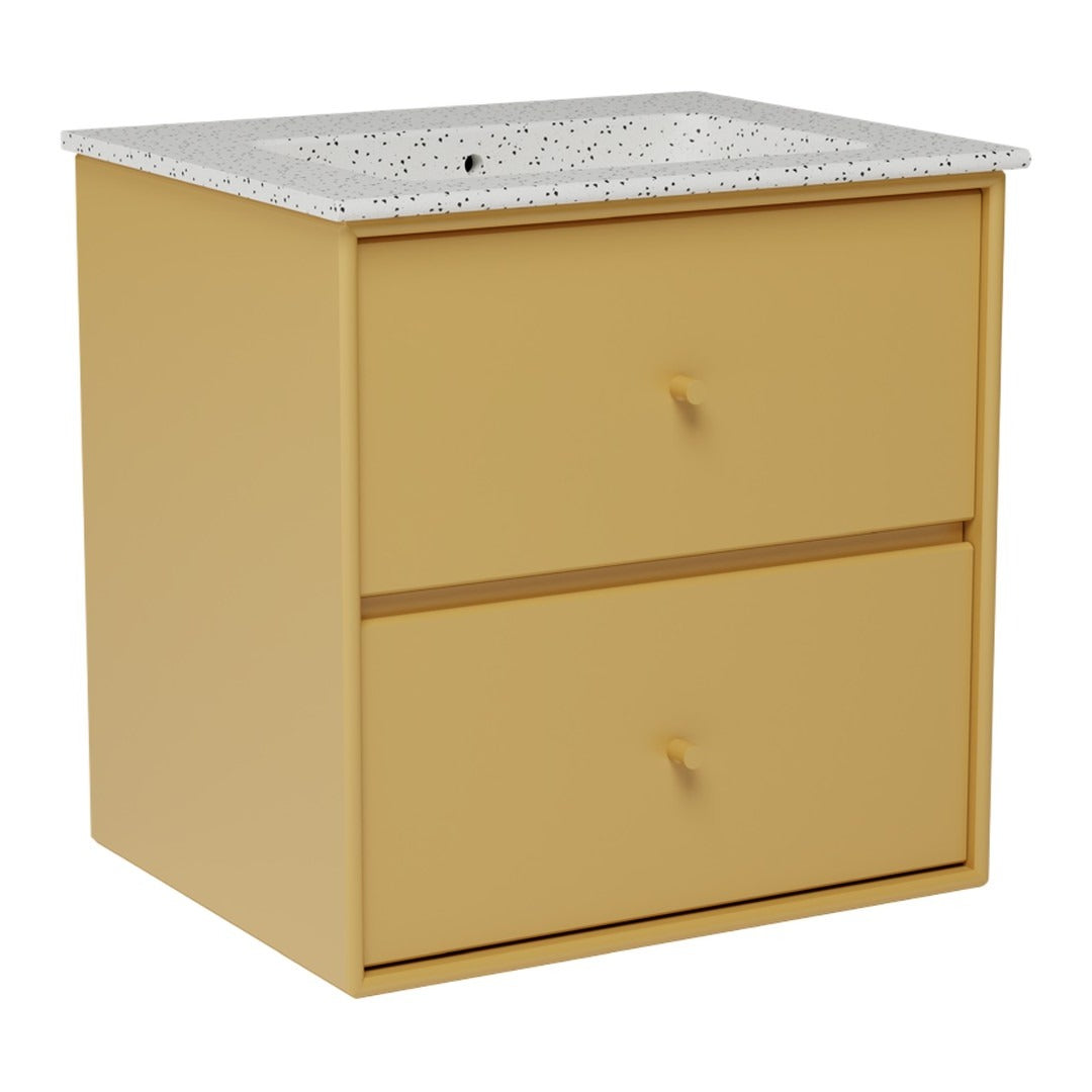 Yellow cabinet with two drawers and a speckled white countertop. Modern design with clean lines and a minimalist finish.