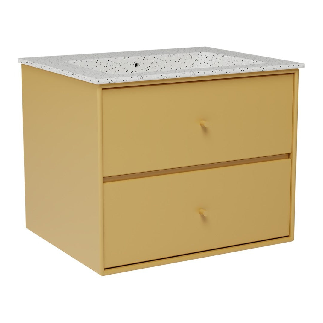 Yellow two-drawer cabinet with a speckled white countertop, perfect for modern decor.