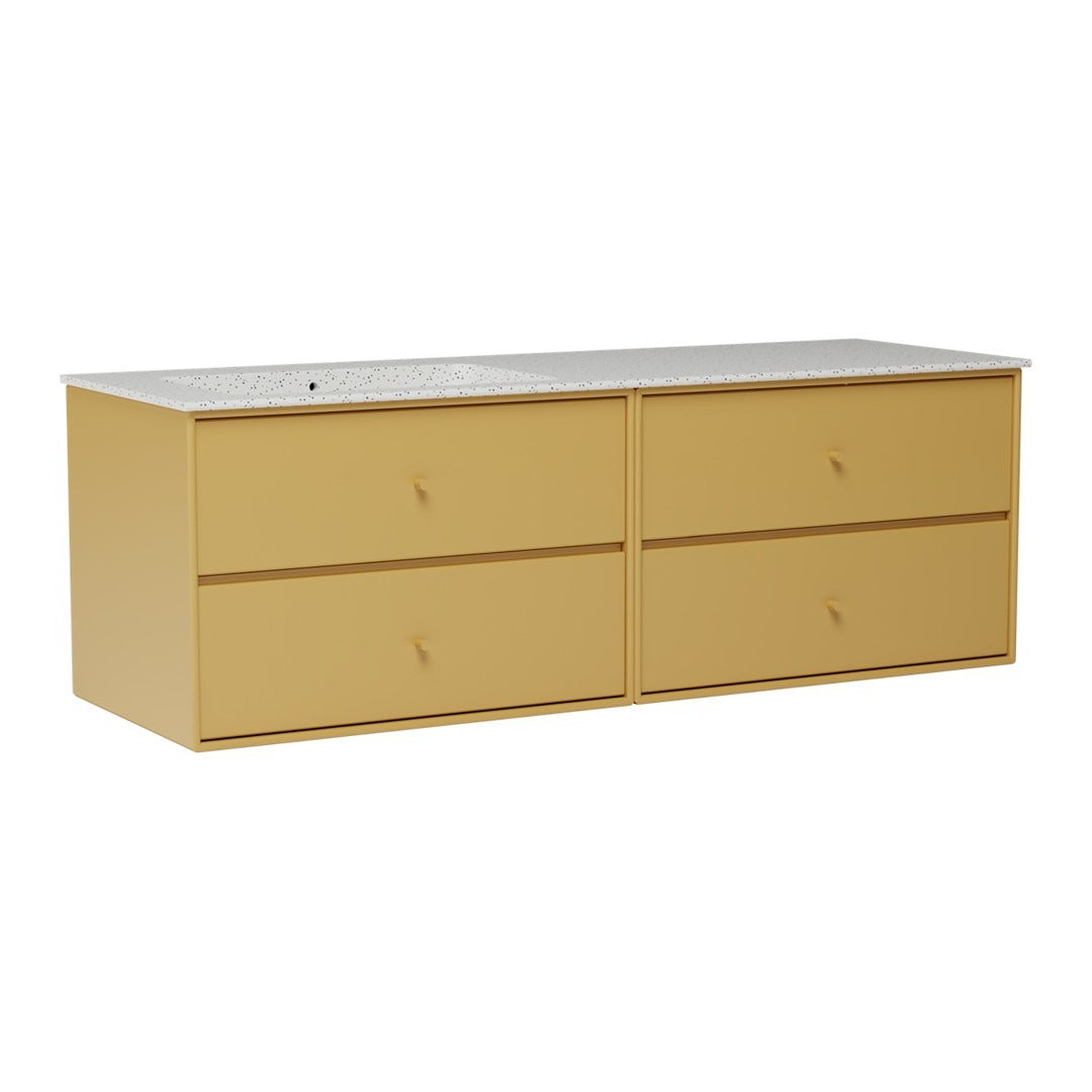 Yellow four-drawer dresser with a smooth white top surface, featuring minimalistic design and round knobs.