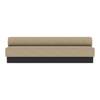 Beige upholstered sofa with a smooth texture and a contrasting black base. Minimalist design with a contemporary appeal.