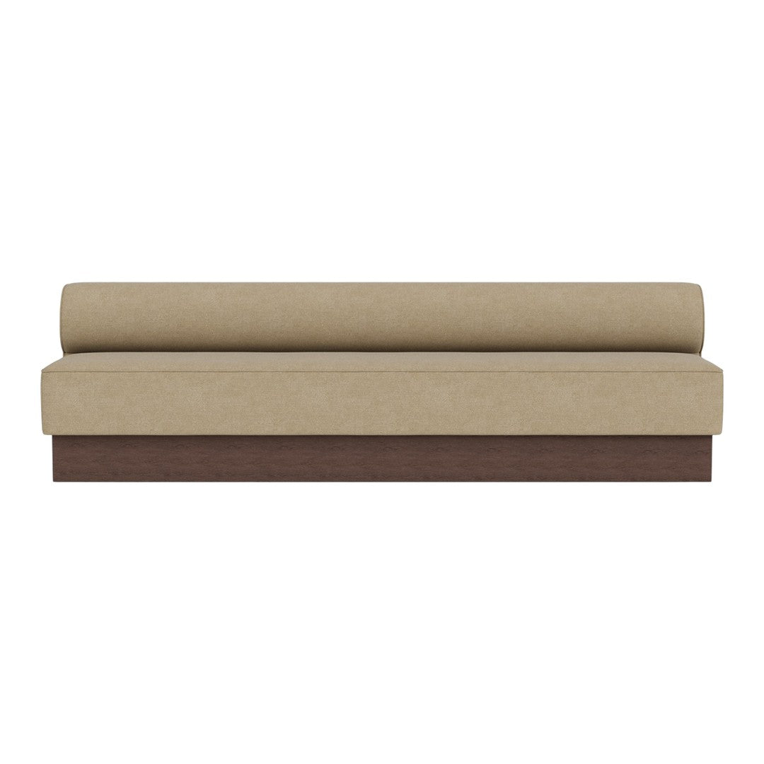 Beige upholstered sofa with a simple, modern design and dark wood base. Ideal for contemporary decor.