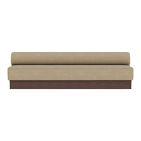 Beige upholstered sofa with a simple, modern design and dark wood base. Ideal for contemporary decor.