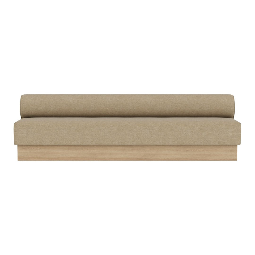 Beige sofa with a smooth, minimalist design and a rounded back cushion, featuring a natural wood base.