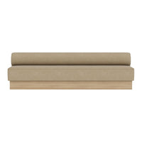 Beige sofa with a smooth, minimalist design and a rounded back cushion, featuring a natural wood base.
