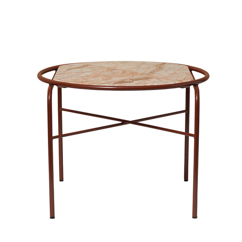Round tabletop with a marbled beige pattern and rust-colored metal frame, perfect for modern decor.