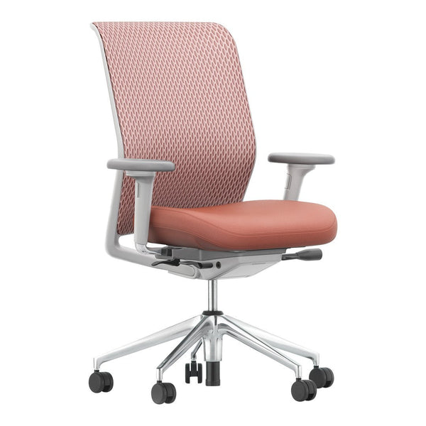 Pink mesh back office chair with a solid pink seat and silver accents, featuring a modern geometric pattern.