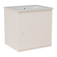 Light beige cabinet with a speckled white top, featuring a simple design and smooth finish. Perfect for any decor.