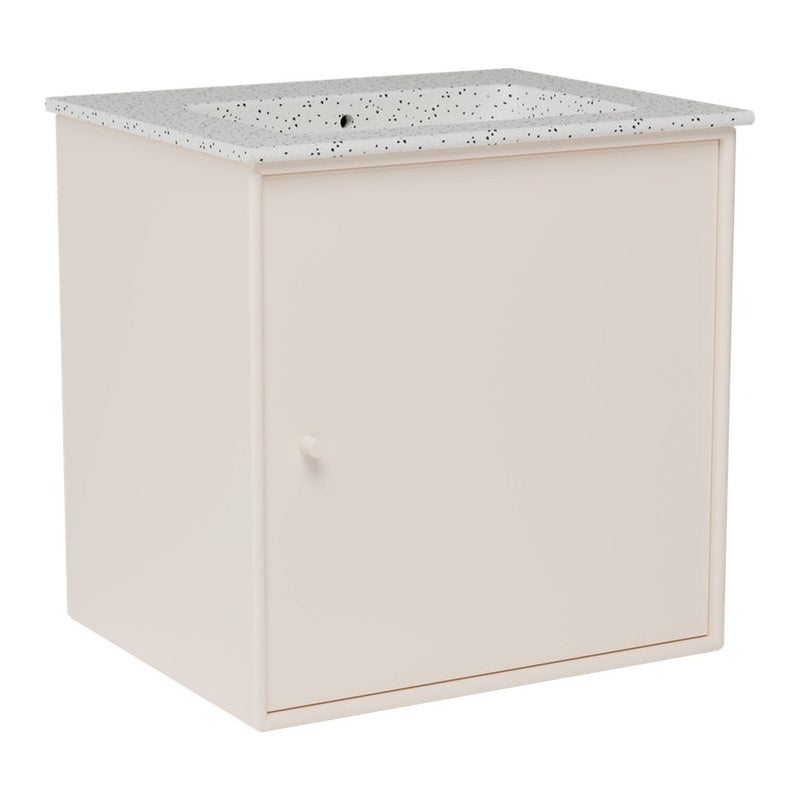 Light beige cabinet with a speckled white top, featuring a simple design and smooth finish. Perfect for any decor.