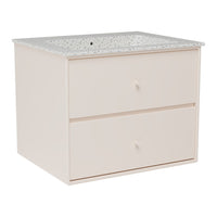Cream-colored bathroom vanity with a speckled white countertop and minimalistic drawer design.
