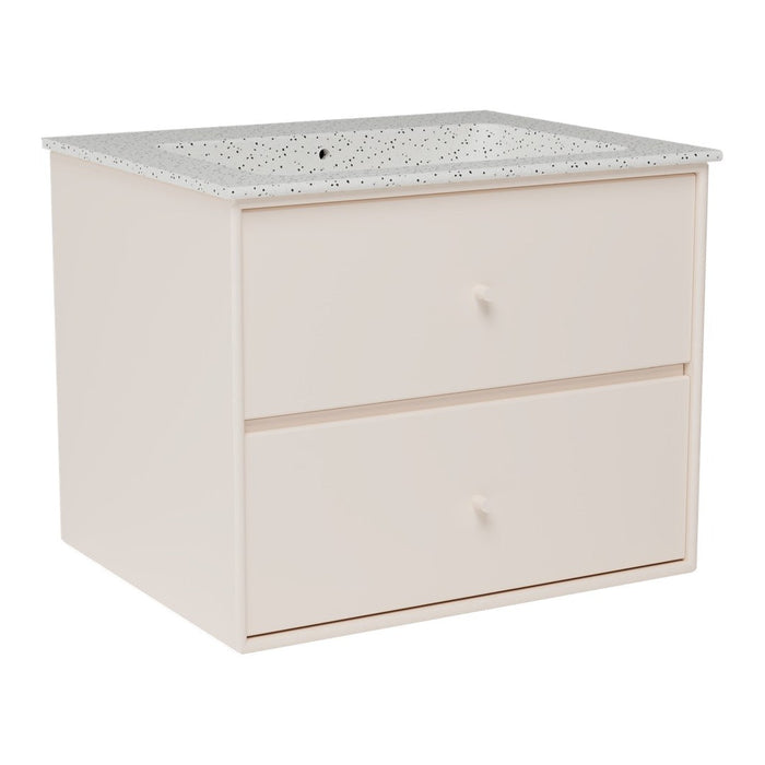Cream-colored bathroom vanity with a speckled white countertop and minimalistic drawer design.