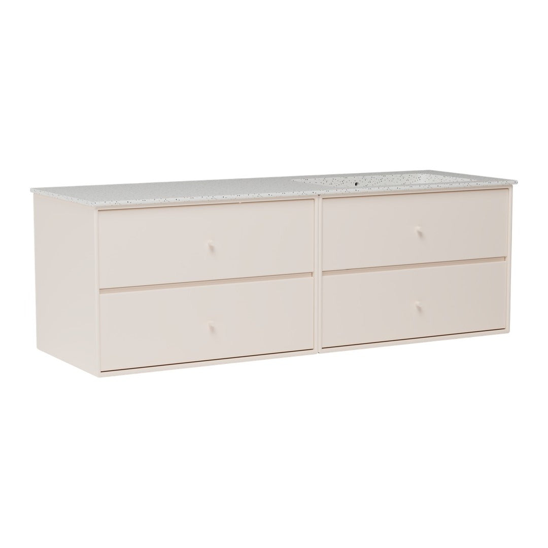 Light beige storage dresser with four spacious drawers and a smooth top surface. Minimalist design for any decor.