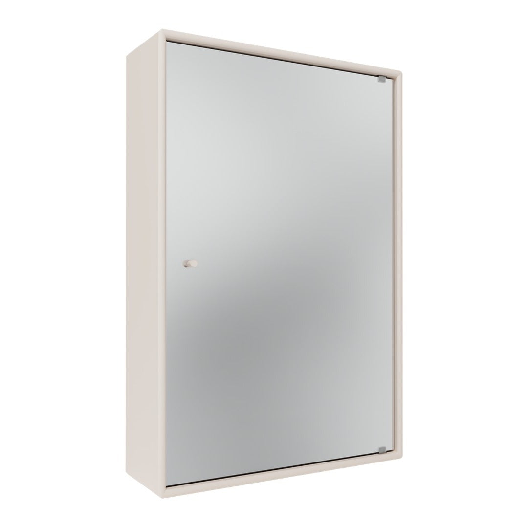 Sleek white cabinet with a reflective silver mirror finish. Minimalist design for contemporary decor.