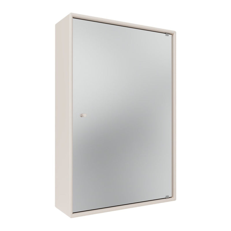 Sleek white cabinet with a reflective silver mirror finish. Minimalist design for contemporary decor.
