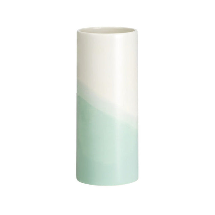"Elegant ceramic vase with a white and mint green ombre pattern."