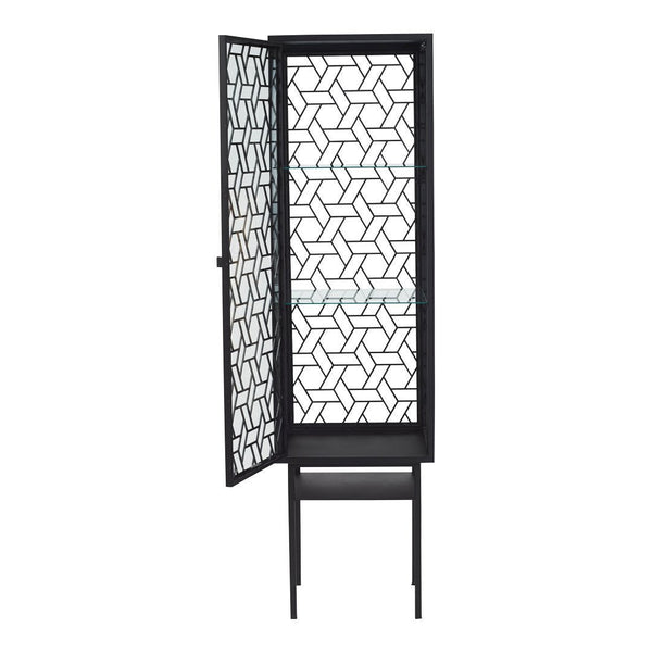 Black metal cabinet with geometric patterned mesh and a minimalist design. Elegant and modern accent piece for decor.
