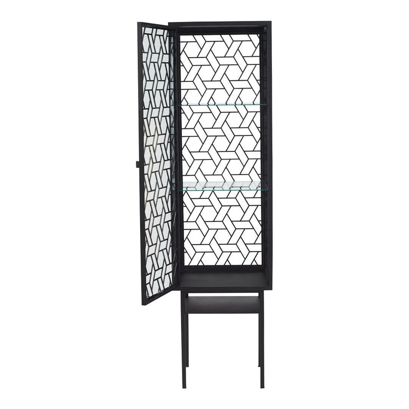 Black metal cabinet with geometric patterned mesh and a minimalist design. Elegant and modern accent piece for decor.