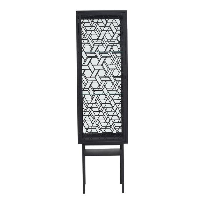 Black geometric pattern screen with intricate cutouts, featuring a modern and stylish design. Perfect for decor accents.
