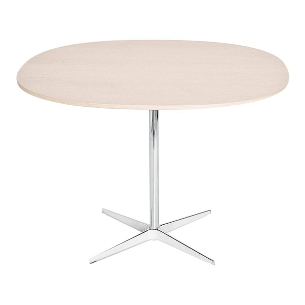 Light wood round tabletop with a sleek chrome base, perfect for modern decor. Simple and elegant design.