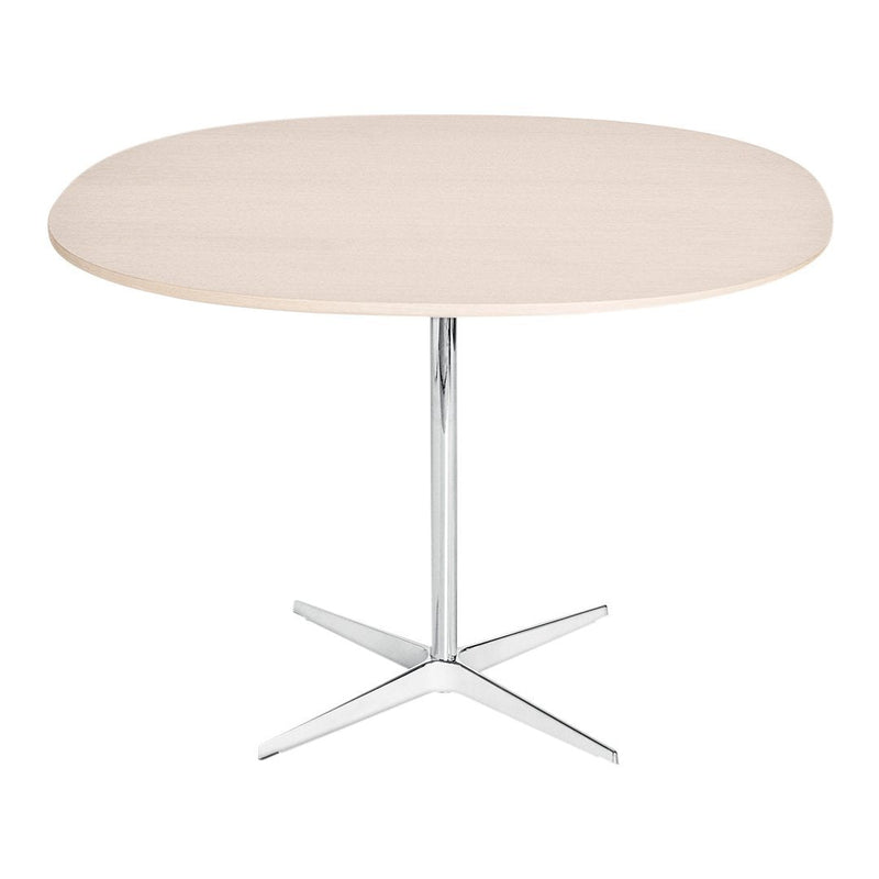 Light wood round tabletop with a sleek chrome base, perfect for modern decor. Simple and elegant design.