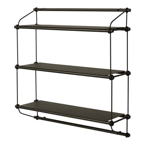 Black industrial-style shelving unit with three sleek, flat shelves and minimalist design. Ideal for modern decor.