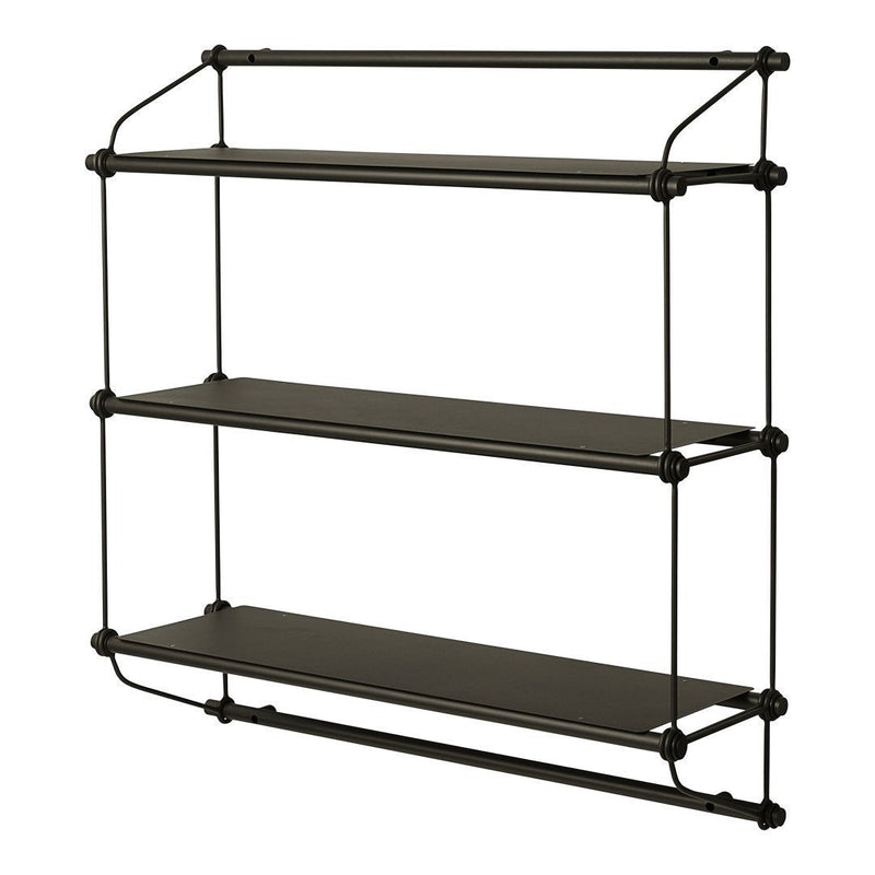 Black industrial-style shelving unit with three sleek, flat shelves and minimalist design. Ideal for modern decor.