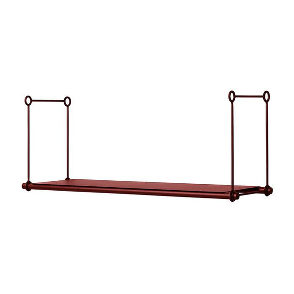 Rust-red shelf with minimalist design and smooth finish, accented by sleek metal supports. Perfect for modern decor.