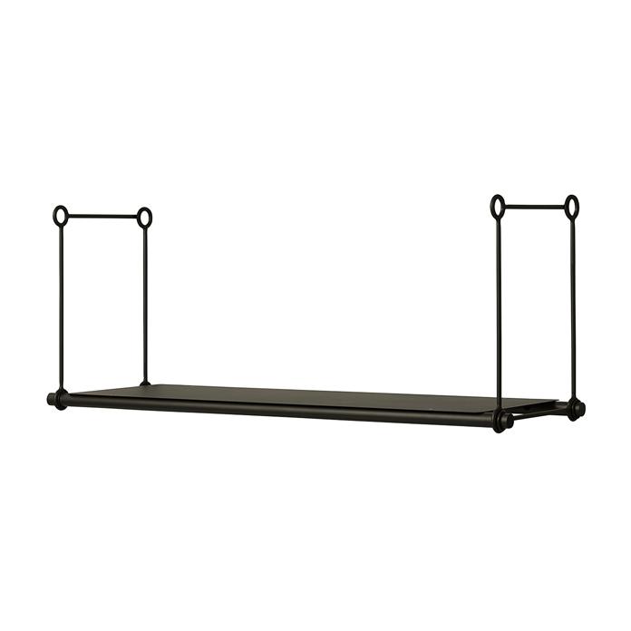 Black metal shelf with a minimalist design, featuring a simple flat surface and circular hanging brackets.