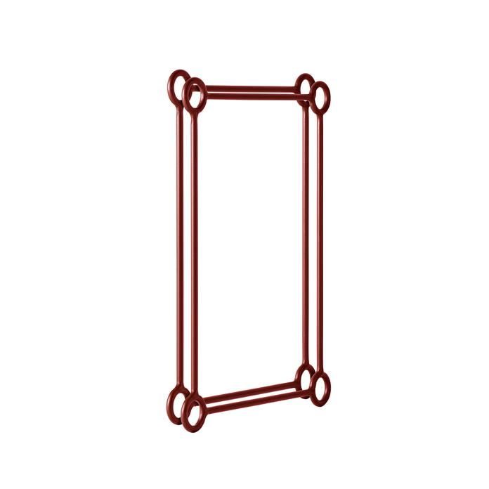 Red geometric wall frame with circular accents, featuring a modern design and minimalist aesthetic.