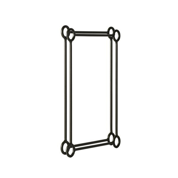 Black rectangular metal frame with circular accents, featuring a modern and minimalist design. Ideal for contemporary decor.
