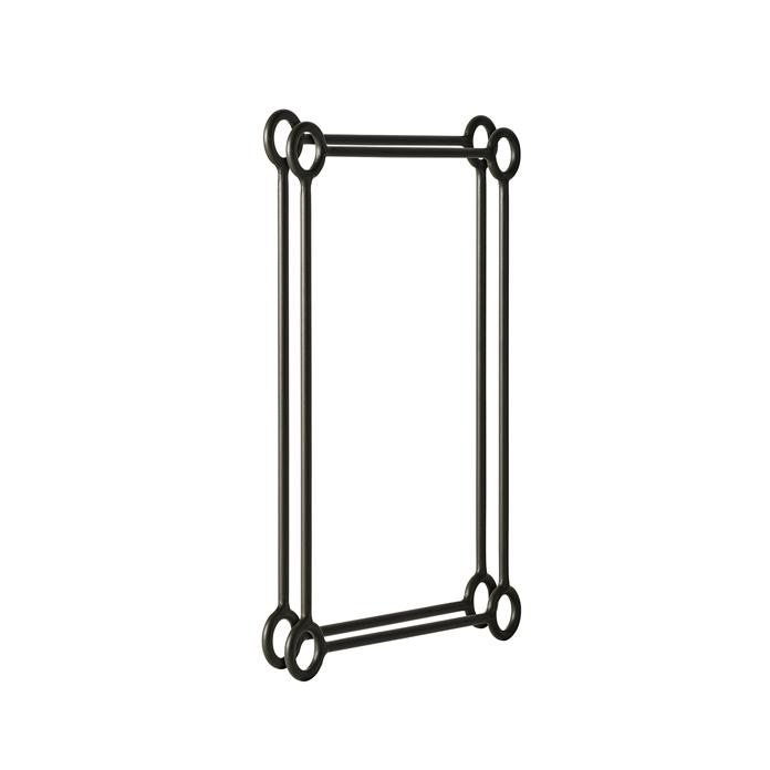 Black rectangular metal frame with circular accents, featuring a modern and minimalist design. Ideal for contemporary decor.