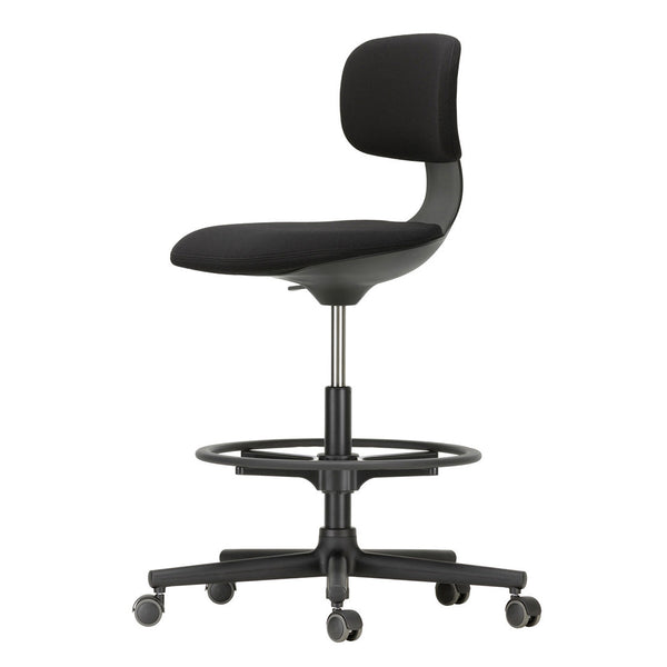 Black office chair with a smooth, curved seat and backrest, featuring a sleek, modern design and chrome accents.