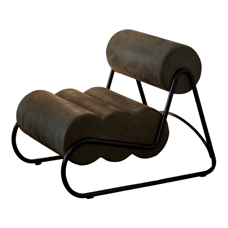 Dark green upholstered chair with a modern, cloud-like shape and sleek black metal frame. Ideal for contemporary decor.