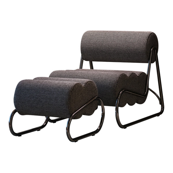 Gray upholstered chair with rounded shapes and sleek black metal legs. Modern design with a minimalist aesthetic.